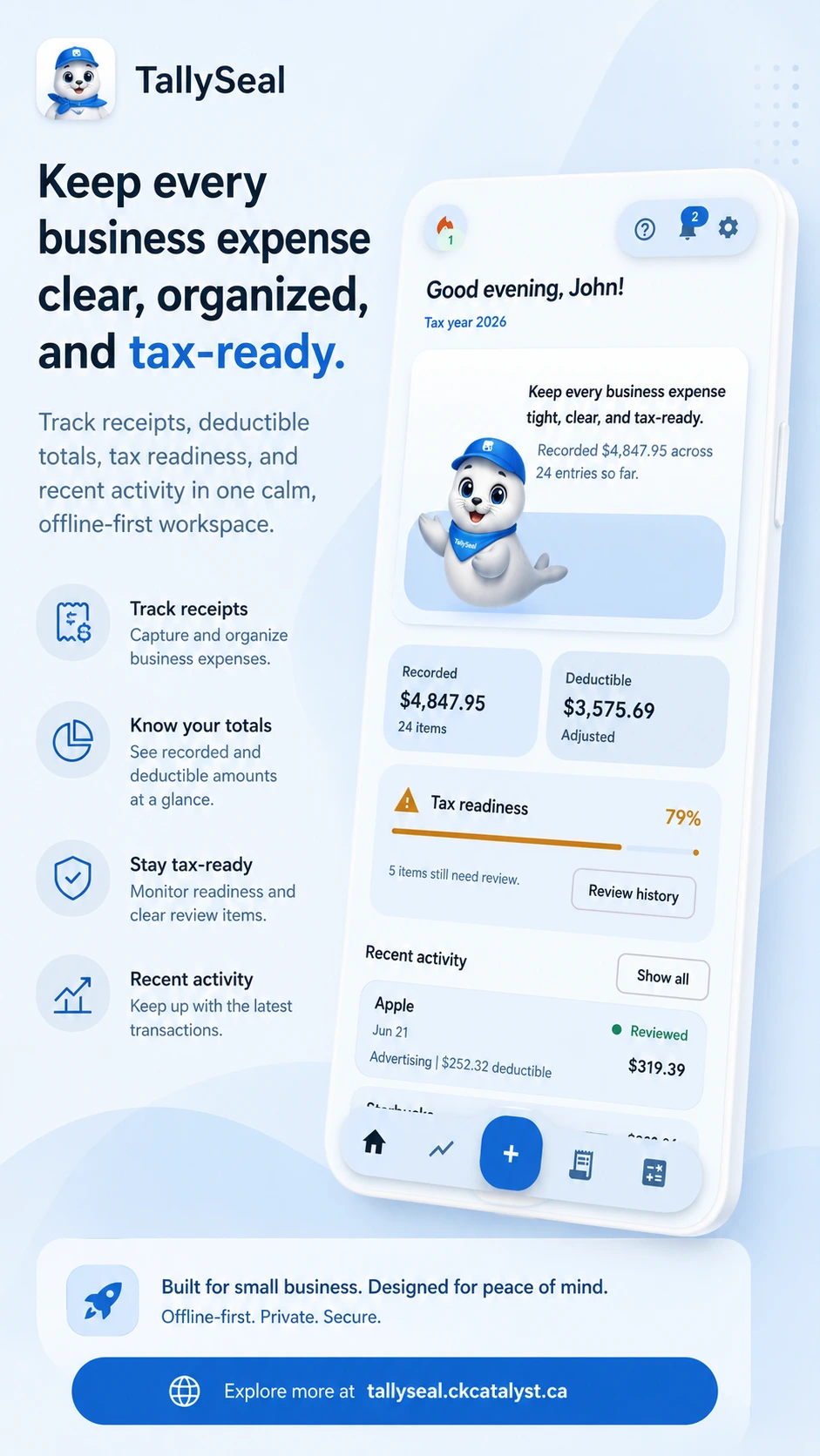 TallySeal marketing poster showing the expense dashboard, receipt tracking, deductible totals, and tax readiness overview
