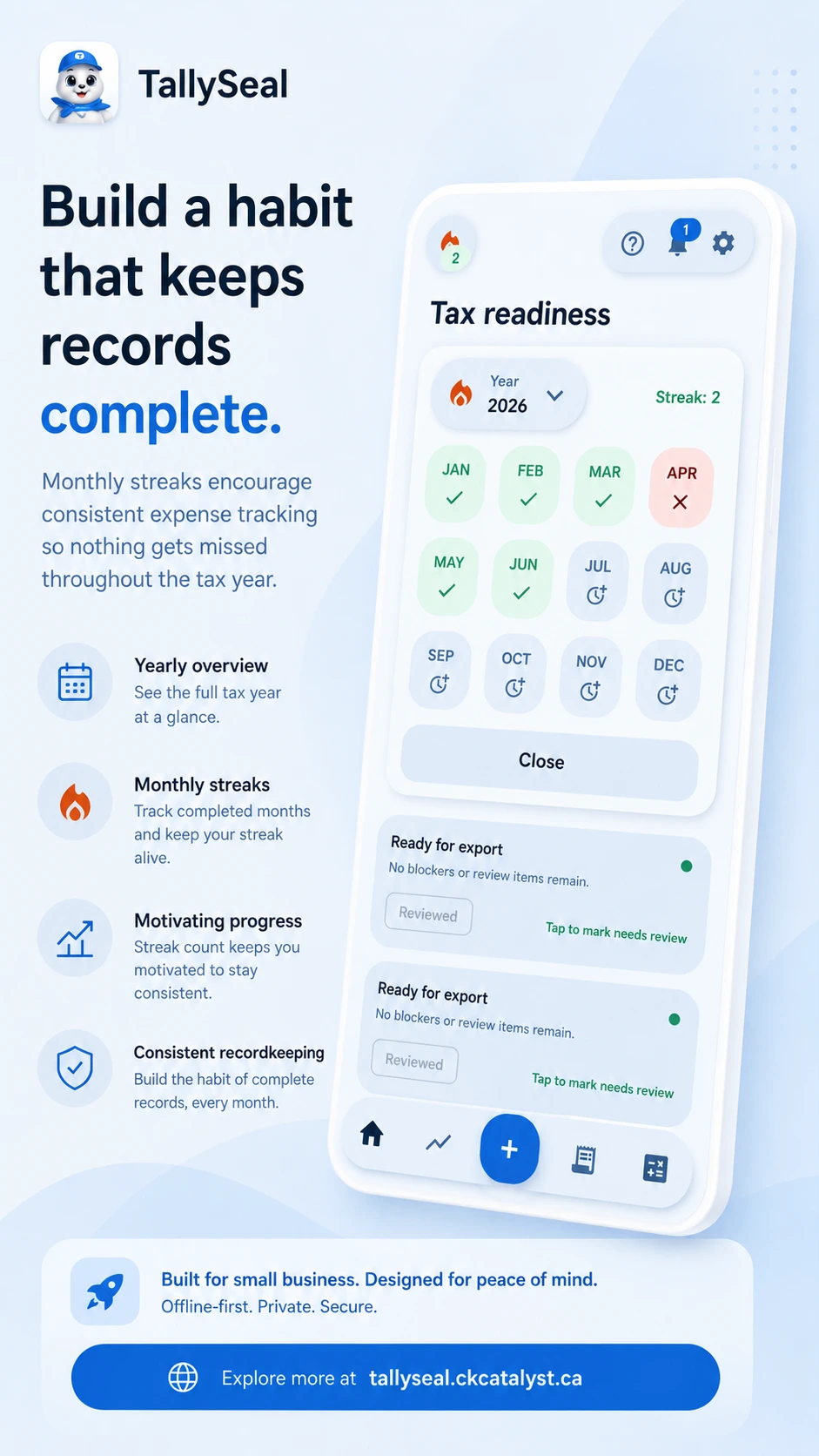 TallySeal marketing poster showing monthly streak tracking and yearly recordkeeping progress